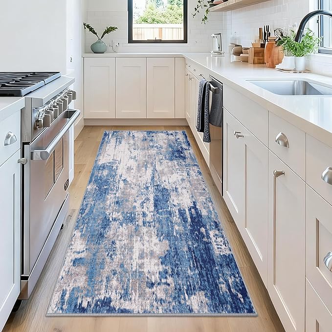 Washable Area Rugs 2'x5' Non-Slip Modern Abstract Soft for Living Room Entryway Bedroom Nursery, Print Pattern, Blue Grey Navy Gray