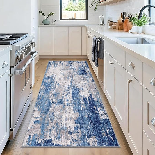 Washable Area Rugs 2'x5' Non-Slip Modern Abstract Soft for Living Room Entryway Bedroom Nursery, Print Pattern, Blue Grey Navy Gray
