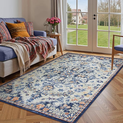 Lahome Bohemian Floral Medallion Area Rug - 4x6 Blue Washable Living Room Rug Soft Bedroom Mat, Non Slip Indoor Floor Carpet for Foyer Entryway Classroom Sunroom Bathroom