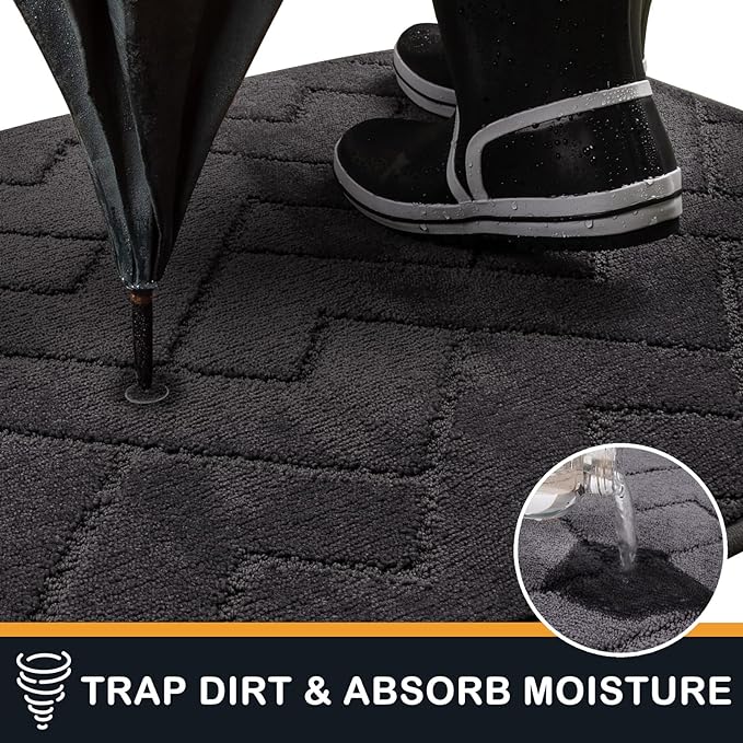PURRUGS Dirt Trapping Door Mat 20" x 31.5", Non-Slip Machine Washable Entry Rug, Shoe Scraper, Dog Doormat, Super Absorbent Welcome Mat for Front & Back Door, Muddy Wet Shoes & Paws, Charcoal