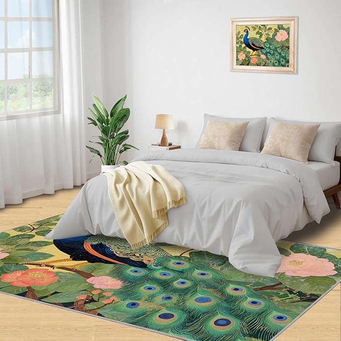 Peacock Peony Rugs for Bedroom - 3x5 Rug, Peacock Decor Area Rugs for Living Room, Peony Flower Carpet, Floral Animal Washable Area Mat, Aesthetics Carpet - Peafowl Home Decor & Gifts