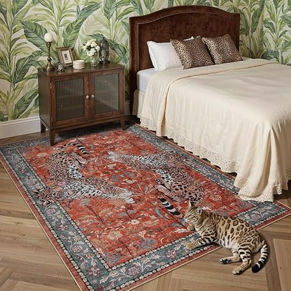Moynesa Leopard 5x7 Area Rug, Boho Washable Living Room Rug, Non Slip Rugs for Bedroom, Ultra Thin Vintage Soft Stain Resistant Throw Floor Carpet for Office Dining Room, Rust
