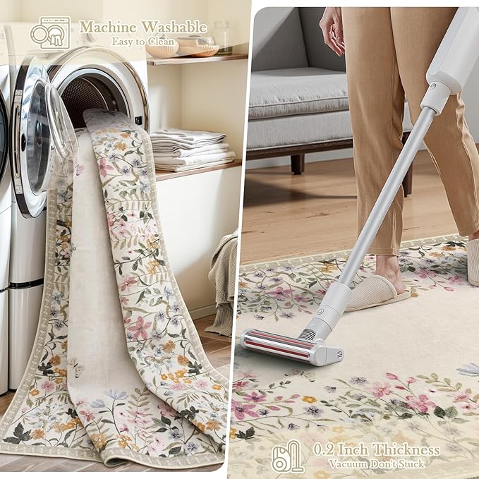 Wonnitar Washable Boho Floral 9x12 Rugs for Bedroom, Non-Slip Living Room Area Rug, Cute Nursery Large Botanical Area Rug, Soft Floor Carpet for Playroom Closet (Beige,9'x12')