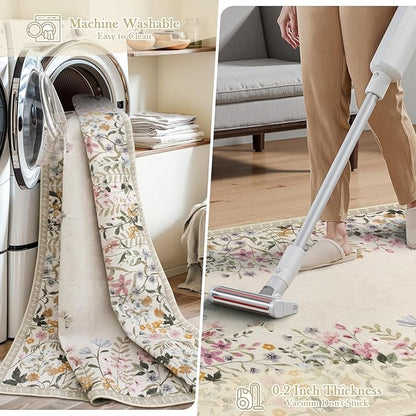 Wonnitar Washable Boho Floral 9x12 Rugs for Bedroom, Non-Slip Living Room Area Rug, Cute Nursery Large Botanical Area Rug, Soft Floor Carpet for Playroom Closet (Beige,9'x12')