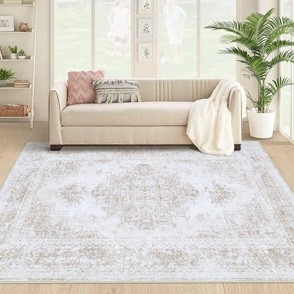 Area Rug 4x6 Vintage Rug, Machine Washable Vintage Distressed Medallion Rug Non-Slip Soft Low Pile Large Indoor Rugs for Bedroom Kitchen Dining Room Office(Beige,4'x6')