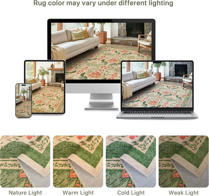 Bavni 8x10 Area Rugs for Living Room, Microfiber Machine Washable Non-Slip Vintage Floral Rug, Low Pile Lightweight Carpet for Bedroom, Dining Room, Home Office, Sage Green & Burnt Orange