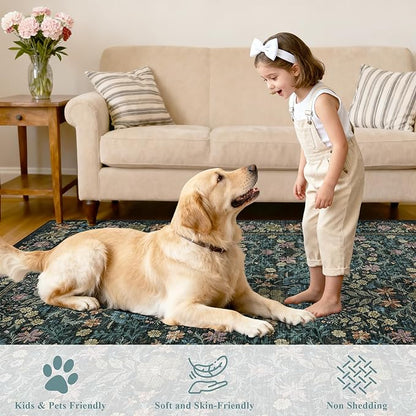DUKINO 8x10 Area Rugs for Living Room, Vintage Floral Washable Rug with Non Slip Backing, Soft Low Pile & Non-Shedding Large Carpets for Bedroom, Farmhouse, Dining Room, Home Office, Blue