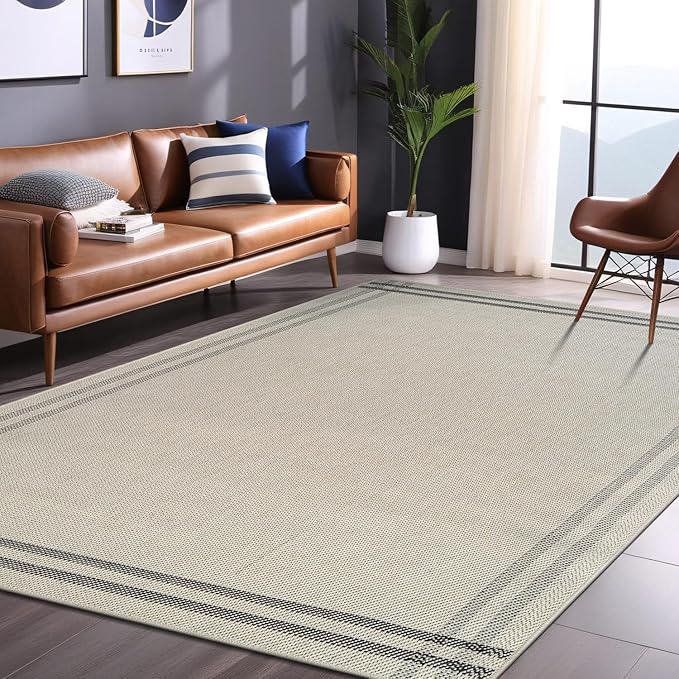 Easy Jute Rugs 8x10 Bordered Bone Color Living Room Indoor Outdoor Area Rug for Patio and Kitchen Rug High Traffic Washable Easy to Clean Solid Boho Woven Design Outside Carpet (8 x 10)
