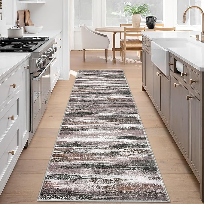 Modern Abstract Runner Rug 3x8, Dark Light Brown White Washable Kitchen Runner Non-Slip Soft Hallway Rug Runner Thin Print Faux Wool Carpet for Entryway Bedroom Laundry Room Indoor