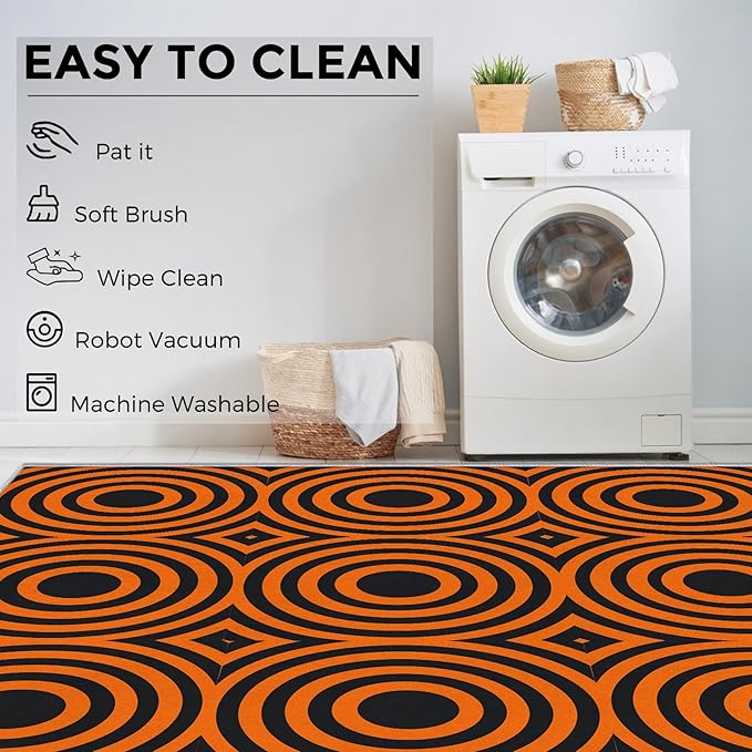 7x9 Geometric Circle Rugs for Bedroom Decor, Washable Retro 60s 70s Geometry Pattern Area Rug, Living Room Home Decoration, Non Slip Soft Thin, Black Orange Decor Carpet PF-P 49