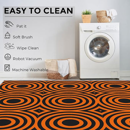 8x12 Geometric Circle Rugs for Bedroom Decor, Washable Retro 60s 70s Geometry Pattern Area Rug, Living Room Home Decoration, Non Slip Soft Thin, Black Orange Decor Large Carpet PF-P 49