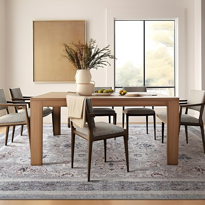 Phantoscope Washable Area Rug 9'x12' Non-Slip, Vintage Neutral Rugs for Living Room, Bedroom, Dining Room, Distressed Boho Floral Medallion Pattern, Low-Pile Foldable Floor Carpet, Light Grey/Neutral