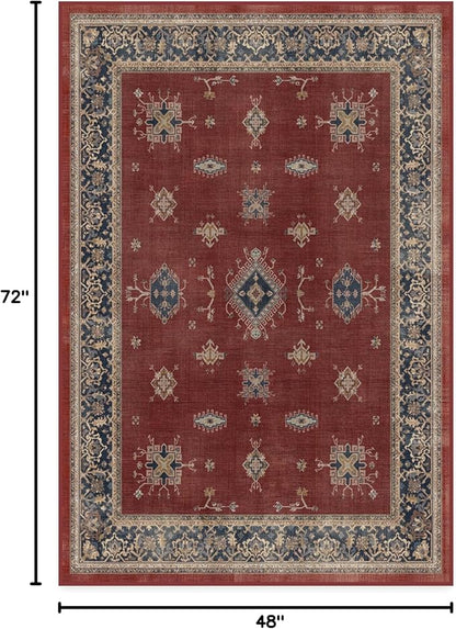 RUGGABLE Washable Vintage Area Rug – Verena Amber Red 4x6, Stain-Resistant, Non-Slip – Medium Machine Washable Rugs for Living Room, Bedroom, Hallway, Entryway & Office–with Cushioned Pad