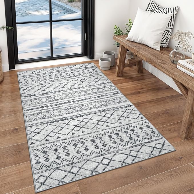 KUTA 3x5 Entryway Rug, Grey Non-Slip Washable Low-Pile Boho Moroccan Living Room Area Rug, Ultra Soft Distressed Geometric Print Throw Carpet for Entrance, Bedroom, Nursery, Dorm, Kitchen