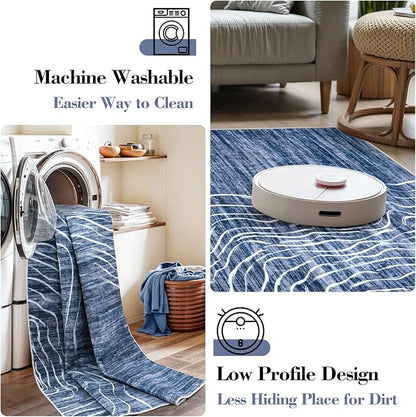 LIVEBOX 8x10 Modern Area Rugs for Living Room, Abstract Non-Slip Washable Rugs, Minimalist Wave Striped Neutral Boys Girl Nursery Area Rug for Bedroom, Carpet for Playroom Office(Navy Blue,8'x10')