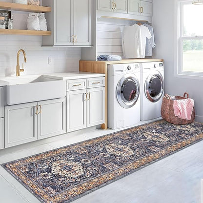 KOZYFLY Runners for Hallways 2.6x12 Ft Extra Long Washable Kitchen Boho Runner Rug for Entryway Indoor Gold Navy Printed Faux Wool Stair Runner Floor Carpet Runner for Stair Kitchen Hall