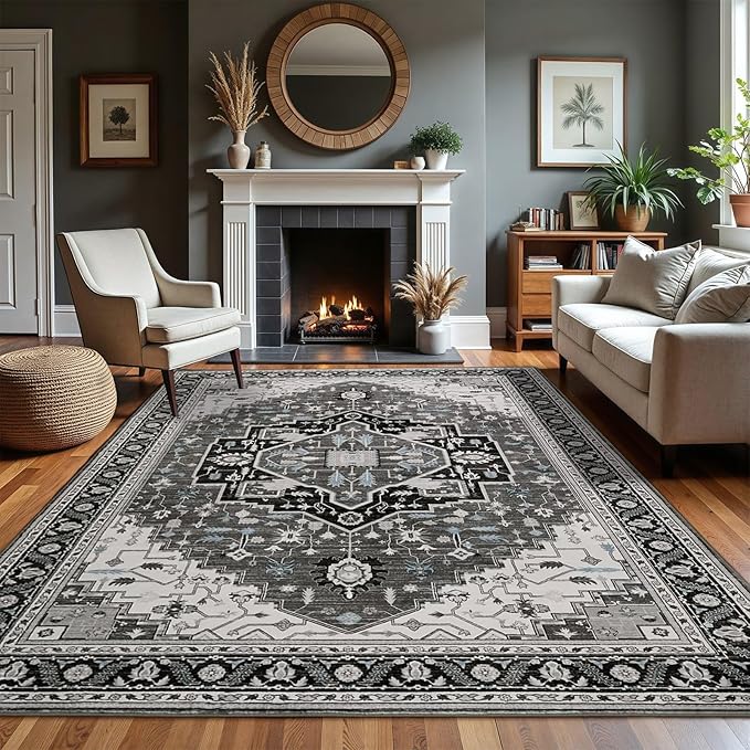 6x9 Black Grey Area Rug for Living Room, Machine Washable Rugs with Non-Slip Backing for Bedroom, Vintage Medallion Carpet Dining Room Office Kids Room Decor