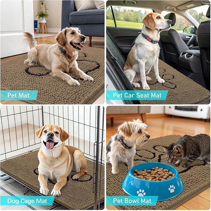 OLANLY Dog Door Mat for Muddy Paws 47x32, Paw Print Design, Absorbs Moisture and Dirt, Absorbent Non-Slip Washable Doormat, Quick Dry Chenille Mud Mat for Dogs, Entry Indoor Entryway Carpet, Tan