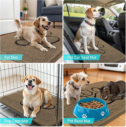 OLANLY Dog Door Mat for Muddy Paws 30x20, Paw Print Design, Absorbs Moisture and Dirt, Absorbent Non-Slip Washable Doormat, Quick Dry Chenille Mud Mat for Dogs, Entry Indoor Entryway Carpet, Tan