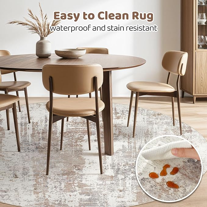 Round Rug Living Room Rugs: 4x4 Washable Circle Abstract Modern Soft Stain Resistant Non-Slip Indoor Floor Carpet for Bedroom Entryway Nursery Office Dorm Home House Decor- Brown