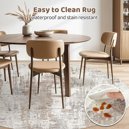 Round Rug Living Room Rugs: 7Ft Washable Circle Large Abstract Modern Soft Stain Resistant Non Slip Indoor Floor Carpet for Bedroom Nursery Office Dining Room Dorm Home House Decor- Brown