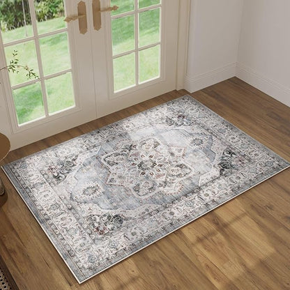 Rugcomf Vintage Medallion Rugs for Entryway 2'x3' - Door Mat Indoor Entrance, Machine Washable Area Rug, Non-Slip Low Pile Boho Carpet for Kitchen, Front Door, Bedroom, Kids Room - Grey and White