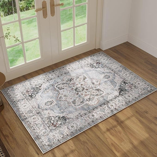 Rugcomf Vintage Medallion Rugs for Entryway 2'x3' - Door Mat Indoor Entrance, Machine Washable Area Rug, Non-Slip Low Pile Boho Carpet for Kitchen, Front Door, Bedroom, Kids Room - Grey and White
