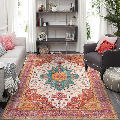 Moynesa Ultra-Thin Pink Area Rug - 9x12 Large Bedroom Rugs for Living Room Non-Slip Non-Shedding Dining Room Mat, Vintage Indoor Floor Carpet for Girls Nursery Playroom Office