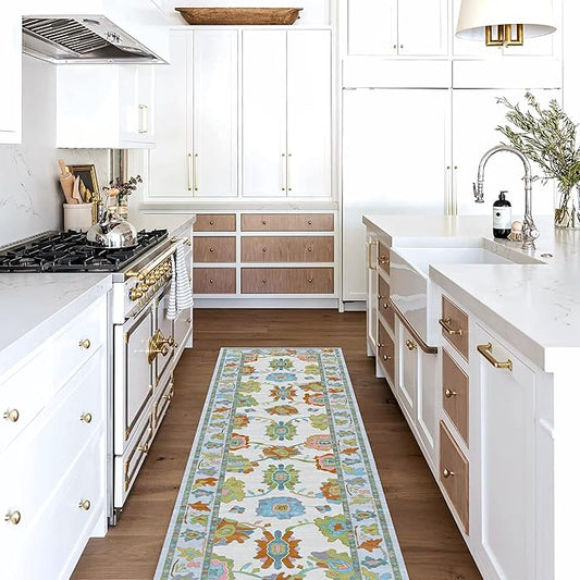 Fame Living Colorful Oushak Rug, Modern Rugs, Vintage, Turkish, Eclectic, Floral, Pastel, Washable, Small Throw, Accent Area Rug for Living Room, Bedroom, Kitchen, Bathroom, 2'5"x4'9"