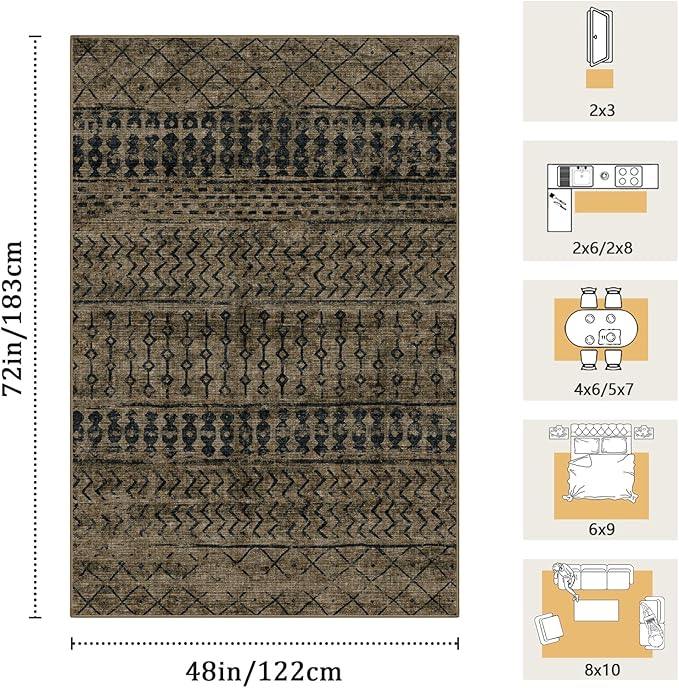4x6 Machine Washable Area Rug for Living Room, Brown Black Vintage Moroccan Rug Large Non-Slip Low Pile Soft Faux Wool Carpet, Kids and Pets Friendly for Bedroom Dining Room Farmhouse Home Decor Rug