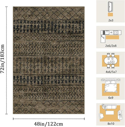 4x6 Machine Washable Area Rug for Living Room, Brown Black Vintage Moroccan Rug Large Non-Slip Low Pile Soft Faux Wool Carpet, Kids and Pets Friendly for Bedroom Dining Room Farmhouse Home Decor Rug