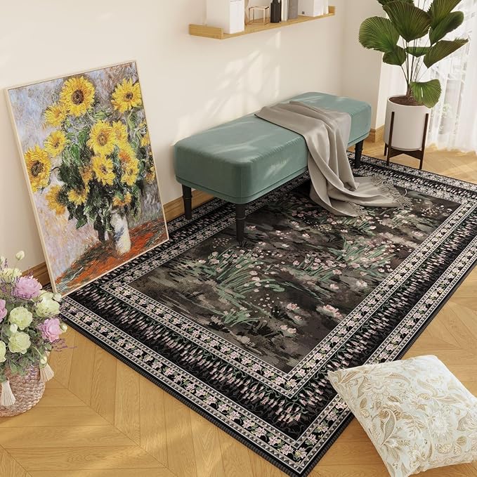 Rugcomf 4x6 Rug for Bedroom Impressionist-Style Vintage Washable Rugs Non Slip Low Pile Small Carpet for Bedside Kids Room Office Dining Room, Black