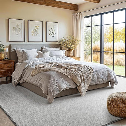 Shilucheng Wool Rug 9x12 Non-Slip, Blend 80% Wool and 20% Cotton Rugs for Living Room, Bedroom, Dinning Room, Soft Durable Cotton Backing Modern Area Rug (Gray/White)