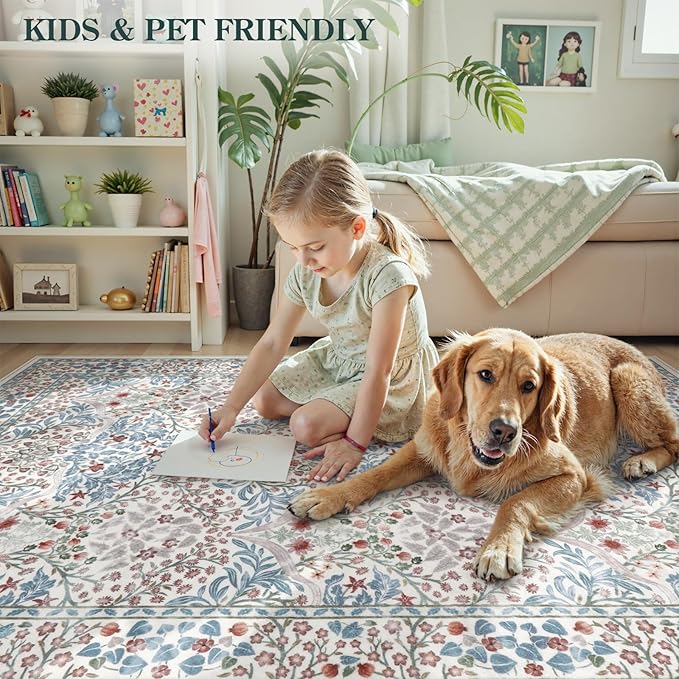 Lahome Floral Washable Rugs 8x10, Soft 8x10 Area Rugs for Living Room Bedroom, Boho Non-Slip Forest Stain Resistance Large Throw Carpet for Farmhouse Dining Room Office, Beige/Blue