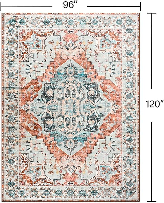 YJ.GWL Area Rugs for Living Room 8x10 Machine Washable Rugs, Non Slip Floral Vintage Rug Indoor Carpet, Stain Resistant Large Rug for Bedroom Dining Room, Copper Tan