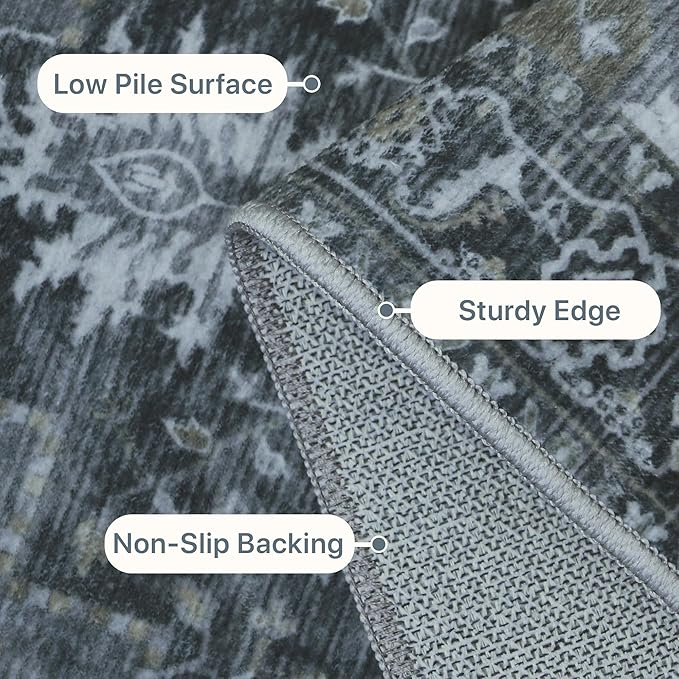 GENIMO 2x5 Runner Rugs for Hallway, Machine Washable Non Slip Vintage Rugs, Low Pile Lightweight Soft Print Rug for enrtyway, Corridor, Home Office, Kitchen,Dark Gray