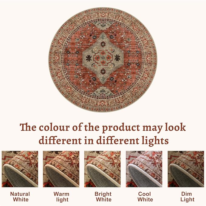 Tangsoo Round Rug 5ft, Washable Circle Rug, Vintage Non Slip Boho Round Area Rug, Low Pile Circular Rugs, Round Carpet for Bedroom,Livingroom,Nursery,Dorm,Office,Terracotta