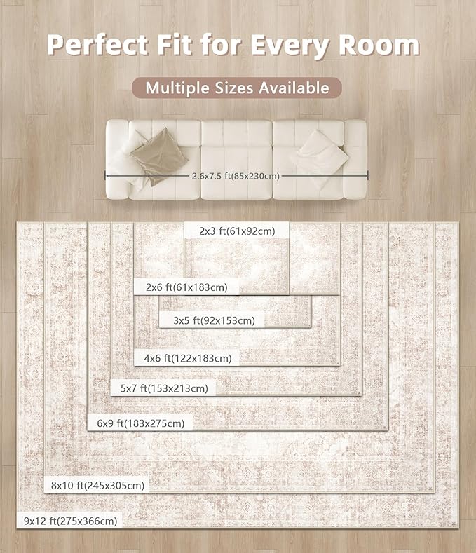 Vintage Living Room Area Rug - 9x12 Large Machine Washable Boho Moroccan Rug Distressed Farmhouse Rugs for Bedroom - Soft Non-Slip Indoor Carpet for Dining Room Office Nursery(Retro Beige, 9'x12')