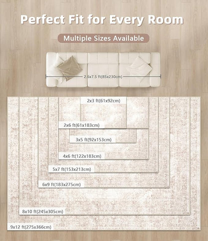 Vintage Living Room Area Rug - 9x12 Large Machine Washable Boho Moroccan Rug Distressed Farmhouse Rugs for Bedroom - Soft Non-Slip Indoor Carpet for Dining Room Office Nursery(Retro Beige, 9'x12')