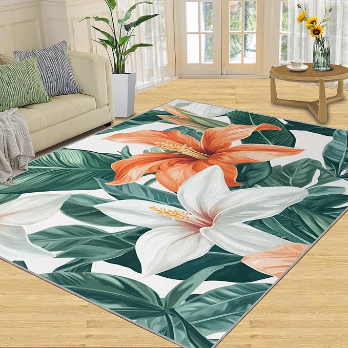 Lily Flowers Rugs for Bedroom - 5x6 Area Rug - Abstract 3D Flowers Rugs for Living Room, Tropical Plants Rug, Washable Home Decor Carpet