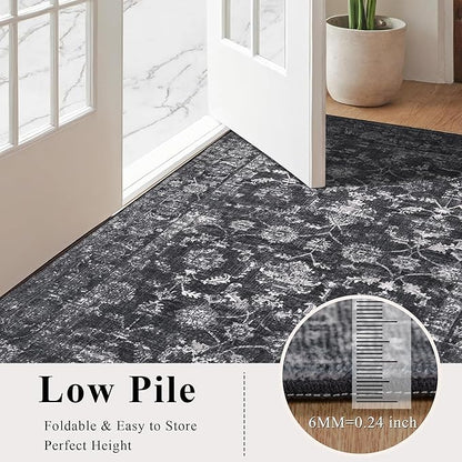 10x14 Washable Area Rugs for Living Room, Black Vintage Boho Large Rug for Bedroom Dining Room Office, Distressed Floral Floor Carpet Soft Non Slip Low Pile Farmhouse Indoor Mat
