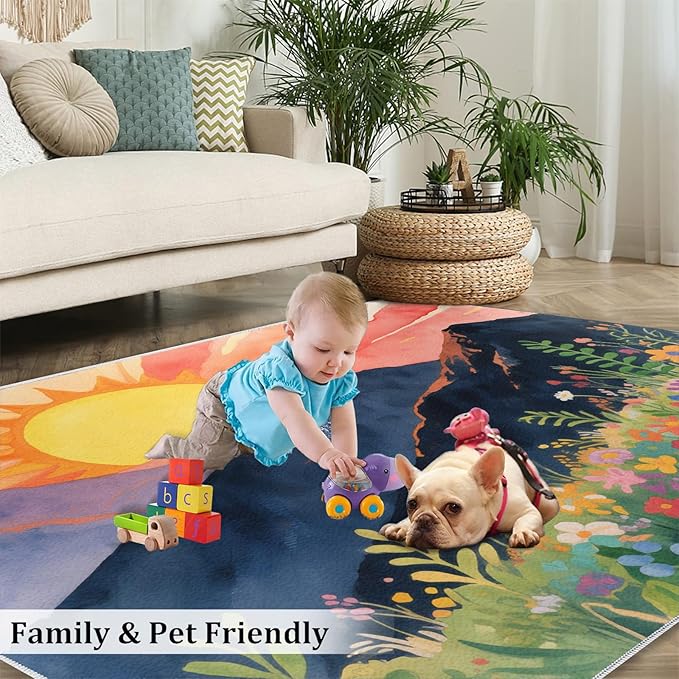 Boho Sun Area Rugs 3x5ft, Minimalist Line Boys Rugs for Bedroom, Geometric Solar Kids Room Rug Soft Fuzzy Washable for Living Room Game Room Coffee Table