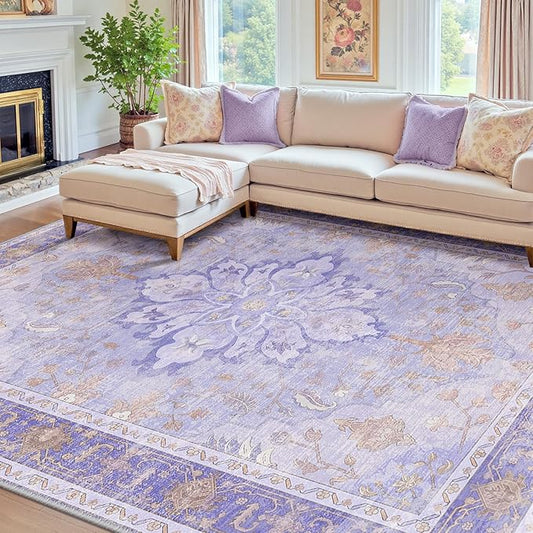 Area Rugs 8'x10' Washable Non-Slip, Floral Vintage Distress Print Pattern Medallion Carpet for Living Room Bedroom Dining Room, Light Purple Brown