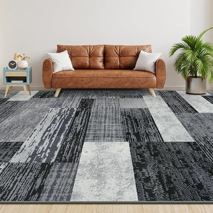 Large Area Rugs,Modern Geometric Patchwork Floor Decor for Bedroom Aesthetic Carpet, Rockwood Collection, Indoor Rugs for Living Room, Dining Room, Nursery, Office, Machine Washable Rug,8x10 Ft Grey