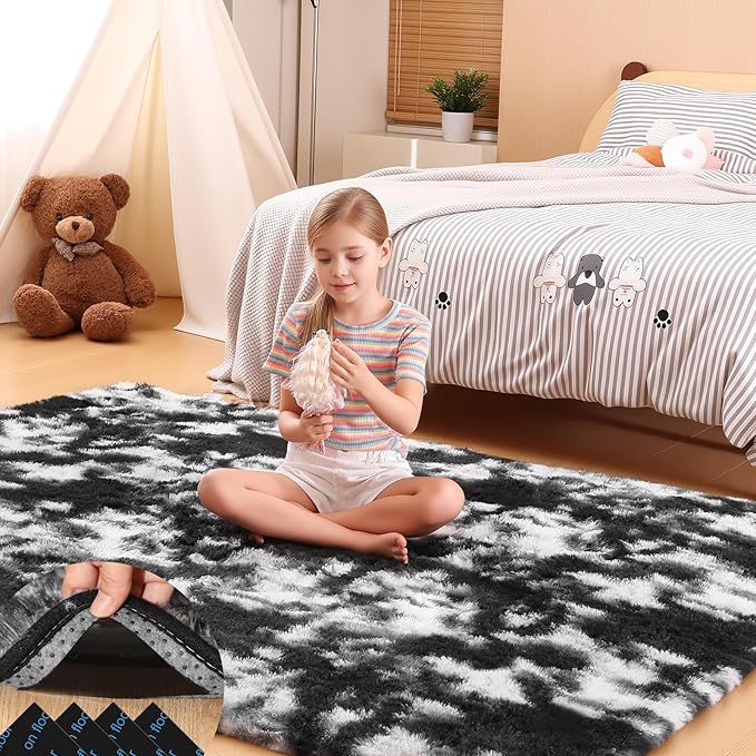 Black and White Rugs for Bedroom, 4x6 Fluffy Small Area Rugs for Living Room, Soft Shag Fuzzy Carpet with 4 Non-Slip Stickers for Kids Boys and Girls Nursery Room Dorm Home Decor (4ft x 6ft)