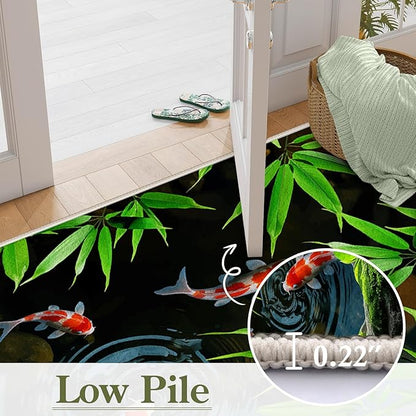 Pond Koi Fish Living Room Rug, 3x4ft, Summer Greenery Moss Stream Indoor Decor Carpet, with Non-Slip Backing Absorbent Thin Mat, Soft Easy Clean Washable Rugs for Office Entryway