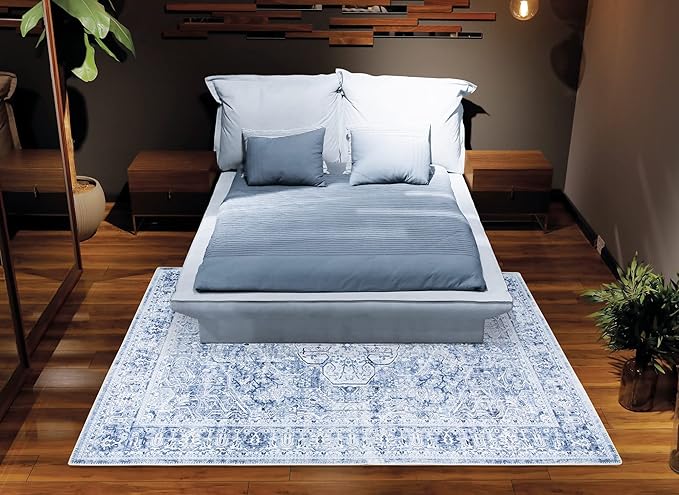 Bloom Rugs Washable Non-Slip 2' x 3' Rug - Ivory/Denim Blue Traditional Medallion Area Rug for Living Room, Bedroom, Dining Room, and Kitchen - Exact Size: 2' x 3'