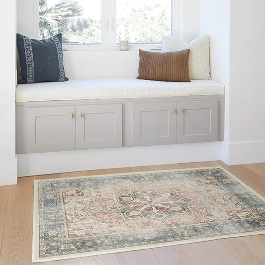 RUGGABLE Washable Vintage Area Rug – Kamran Coral 3x5, Stain-Resistant, Non-Slip – Small Machine Washable Rugs for Living Room, Bedroom, Hallway, Entryway & Office–with Standard Pad