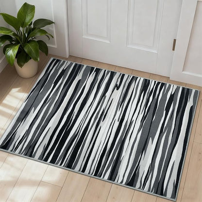 YIHOUSE 2×3 Ft Entryway Rug: Modern Washable Rug - Abstract Small Area Rug for Indoor Entrance Kitchen Floor Home Decor - Nonslip Non-Shedding Striped Rugs, Black Grey & White