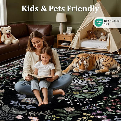 5x7 Area Rugs Living Room Rug: Vintage Washable Rug Floral Soft Carpet Indoor Floor Non-Slip Boho Stain Resistant Large Carpets for Bedroom Kids Nursery Dining Room Farmhouse Home Office Black